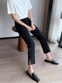 Solid Color Tapered Suit Pants, Elegant Split Hem Cropped Pants For Work & Office, Women Clothing - Black - View 1