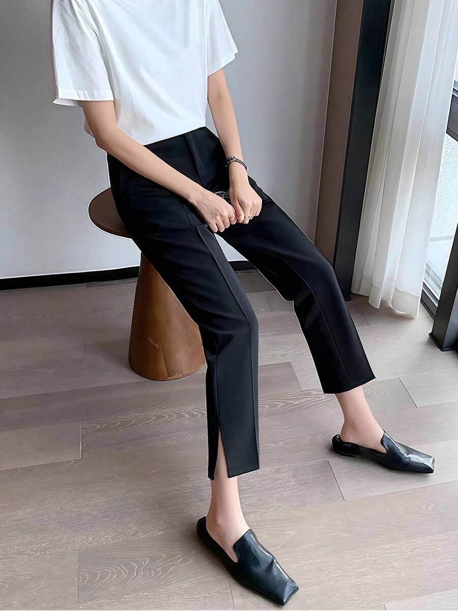 Solid Color Tapered Suit Pants, Elegant Split Hem Cropped Pants For Work & Office, Women Clothing - Black - View 1