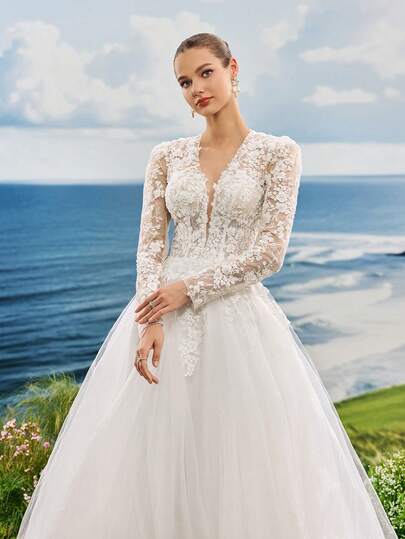 Elasola Advanced Pearl Embroidered Lace Double Shoulder V-Neck Long Sleeved Aline Mesh Wedding Dress, Gorgeous, Romantic, Elegant Wedding Dress, Lawn Church