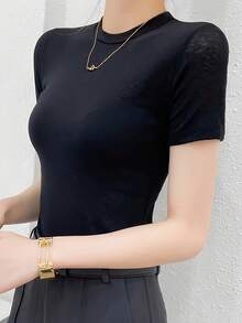 Women Black Short Sleeve Sheer Mesh Overlay Summer T-Shirt, Lightweight Undershirt - Black - View 4