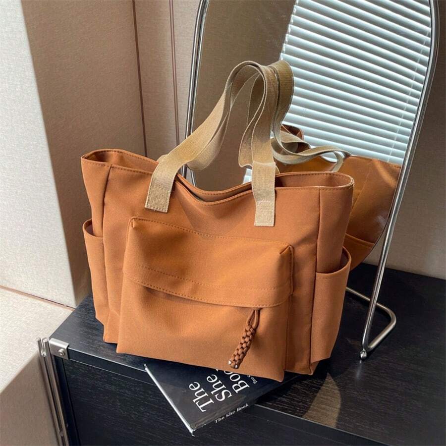 1 chiếc túi tote đeo vai bằng vải nylon màu be, túi đeo vai nữ nhẹ, dung tích lớn, cặp đựng đồ cho sinh viên đại học có nhiều ngăn - màu nâu - Xem 1