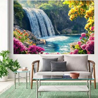 1 pieza Banner 2D de paisaje, cascada, flores y escenario natural, río, árboles verdes, escena hermoniosa y bella para decoración del hogar, sala de estar, dormitorio, fotografía de pared, crea una atmósfera fresca y pacífica. Disponible en múltiples tamaños.