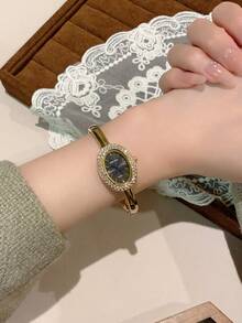 1pc Elegant Minimalist Quartz Watch, Rhinestone Encrusted, Oval Dial, Button Design, Luxury Bracelet Style Band, Ideal Gift For Girlfriend, Mom, Daughter, Birthday, Valentine's Day - one-size - View 10