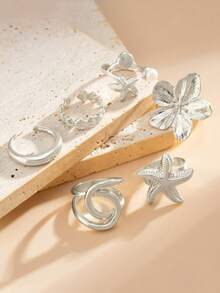 Bộ 6 chiếc nhẫn thuần chay trơn cổ điển Nhẫn thời trang sao biển Bohemian Nhẫn cá nhân hóa - Bạc - Xem 2