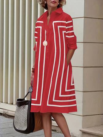 几何图案长袖宽松纽扣条纹翻领中长衬衫裙，采用涤纶纤维制成，适合海滩、晚间约会、办公室、居家、春夏季