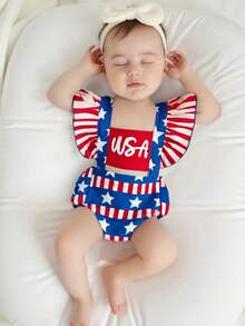 Baby Girl 4th Of July Romper Star Stripe Print Flying Sleeve Square Neck USA Jumpsuit With Bow Headband Newborn Infant Independence Day Clothes - Red - View 2