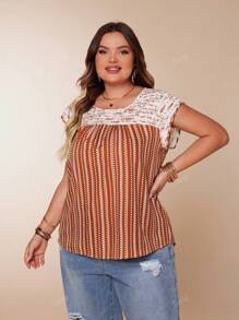 Plus Size Women Elegant Woven Colorblock Round Neck Dolman Sleeve Pleated Front Curved Hem Top, Rust Brown, Summer