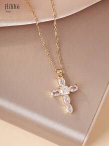 Hihho Colar com pingente de cruz da Virgem Maria em zircônia colorida estilo europeu, 1 peça, adequado para uso diário feminino, festas, reuniões, melhor presente para amigos, joias elegantes e versáteis, acessório de design exclusivo para presente