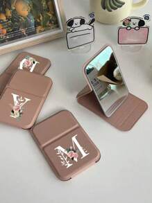 1pc Mini Pink Flower White Letters Foldable Portable Makeup Mirror,Letters Of A-Z Makeup Mirror With Bracket, Travel Mirror, Beauty Products, Desktop Makeup Mirror, Rectangular Desktop Compact Mirror Foldable Small Minimalist Makeup Mirror, Travel Portable Makeup Mirror For Women's Gift - The Best Gift For Mom And Teacher