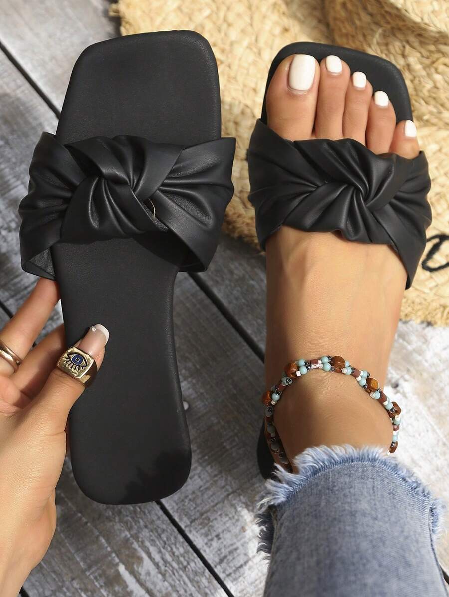 Pantuflas planas deslizantes para mujer con punta cuadrada fruncida, unicolor, casuales y versátiles