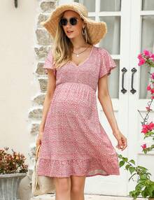 Yesfashion Women's Maternity Short Sleeve Ruffle Dress V Neck Summer Casual Smocked Flowy Midi Dress For Baby Shower Photoshoot - 粉紅色豹紋 - 查看 1