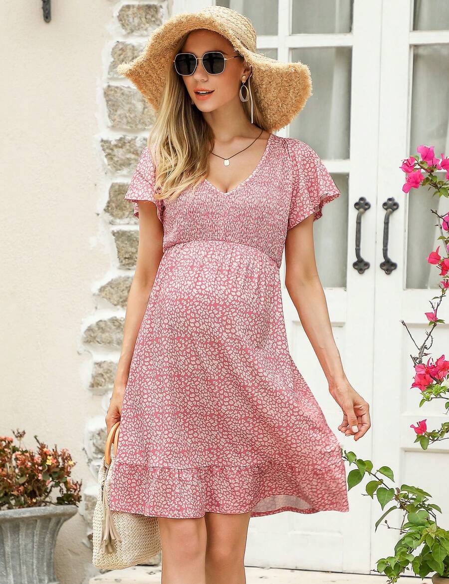 Yesfashion Women's Maternity Short Sleeve Ruffle Dress V Neck Summer Casual Smocked Flowy Midi Dress For Baby Shower Photoshoot - 粉紅色豹紋 - 查看 1