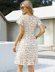 Yesfashion Women's Maternity Short Sleeve Ruffle Dress V Neck Summer Casual Smocked Flowy Midi Dress For Baby Shower Photoshoot - 白底小黃花 - 查看 3