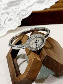 1pc Elegant Minimalist Quartz Watch, Rhinestone Encrusted, Oval Dial, Button Design, Luxury Bracelet Style Band, Ideal Gift For Girlfriend, Mom, Daughter, Birthday, Valentine's Day - one-size - View 6