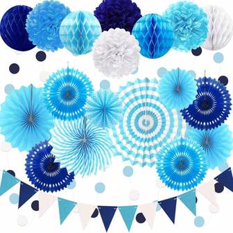 23Pcs Navy Blue Party Decoration Items, Including Hanging Paper Fans, Welvet Ball Flowers, Flower Garlands, Polka Dots, And Triangular Colored Flag Sets, Suitable For Graduation Ceremonies, Bridal Showers, Weddings, And Birthday Parties