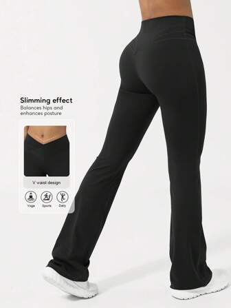 Sodalemon Dam V-formade rumplyftande yoga-fitness-leggings med korsband i midjan, träningspass löpning tajta vida benbyxor tights