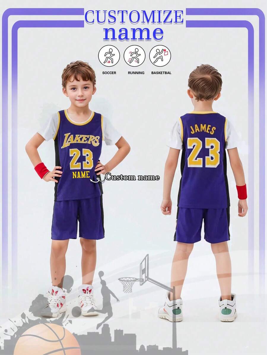 2pcs Basketball Uniform Set With Number 23 And Personalized Name, Boys & Girls, Purple, Kids Sports Wear, Children Summer Outfit, Shorts, Customized Basketball Jersey - Purple - View 1