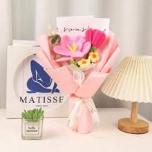 1pc Rose Flower Bouquet Knitted Craft, Romantic Gift For Girlfriend/Best Friend, Practical Yarn Rose Bouquet Birthday Gift