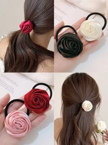 4 pièces/set Élégant et romantique Lien de cheveux en satin rose pour dames, Chouchou à fleurs minimaliste à la mode, Convient pour la Saint-Valentin, le mariage, la décoration de fête de danse, Supports de queue de cheval, Élastiques à cheveux, Bandes élastiques à cheveux, Chouchous, Corde à cheveux, Élastique à cheveux
