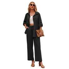 Women 2 Piece Linen Sets Button Down Shirt And Drawstring Long Pants Set Summer Outfits - Khaki - View 2