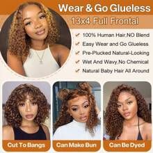 Highlight Ombre Curly Bob Wig Glueless Pre Plucked 4/27 13x4 HD Lace Wear And Go Closure Bob Wigs For Women Honey Blonde Short Deep Wave Bob Wig Glueless 200% Density 14 Inch