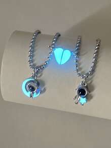 ATLVXJL 2pcs/Set Glow-In-The-Dark Astronaut Constellation Projection Bead Magnetic Necklace With Stainless Steel Chain, Casual Couple Jewelry Suitable For Daily Wear And Valentine's Day Gift