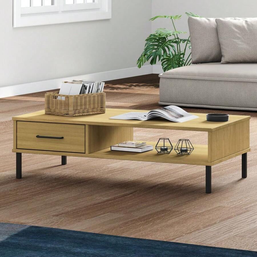 vidaXL Couchtisch OSLO mit Metallbeinen Braun Massivholz Kiefer - Braun - Übersicht 1