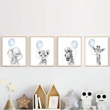 1 幅帆布挂画，婴儿房装饰，婴儿，男婴儿童房装饰 - 浅蓝色儿童房墙壁艺术 - 野生动物印花 - 男婴儿童房印花 - - 彩色 - 查看 2