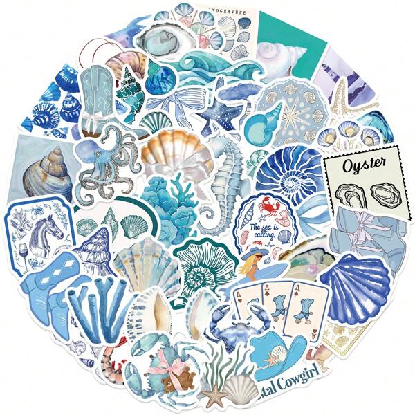 Adesivos azuis com 50 unidades, adesivos estéticos de praia, adesivos de oceano, adesivos de animais marinhos, adesivos estéticos azuis, adesivos de vinil à prova d'água, pacote de adesivos estéticos para laptop, adesivos de skate, adesivos para garrafas d'água, adesivos para caderno