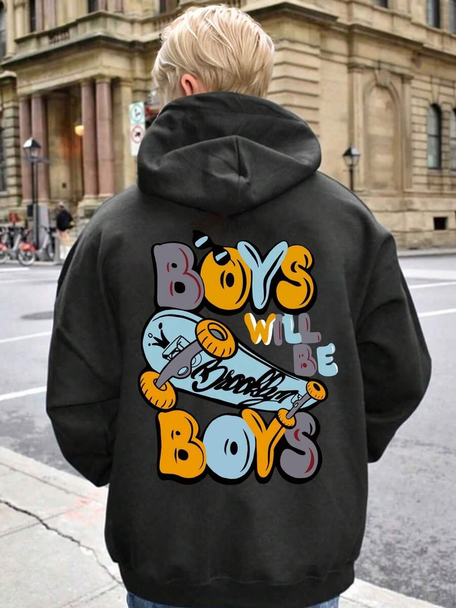 Tween Boy Letter Print Graphic Warm Sweatshirt - Dark Grey - View 1
