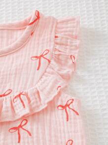 Baby Girls Bow Decor Sleeveless Printed Top + Bow Shorts 2pcs Set, Elegant And Cute Series, Essential Baby Summer Outfit