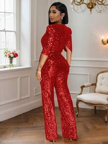 Bộ jumpsuit sang trọng mùa thu/đông, cổ chữ V sâu, tay lửng, cạp cao, ống rộng, đính sequin vàng, thích hợp cho tiệc Giáng sinh, dạ hội, lễ hội Halloween, đám cưới, mùa xuân. - Đỏ - Xem 2