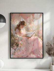 1 件帆布墙艺术海报，描绘了一位女士在鲜花盛开的花园中阅读的梦幻场景，配有实木框架，非常适合宁静、优雅的空间，激发平静、创造力和反思，可直接悬挂，可选带框 - 彩色 - 查看 9
