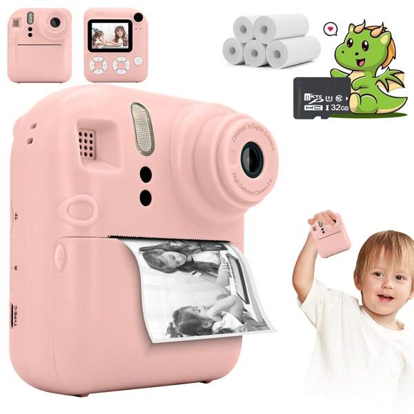 Kids Camera Instant Print, 1080P HD Instant Print Camera For Kids , Digital Camera For Kids With 32GB Card, Ideal Kids Toys Gifts For Boys & Girls 6-14 Age With 1 Rolls Print Paper