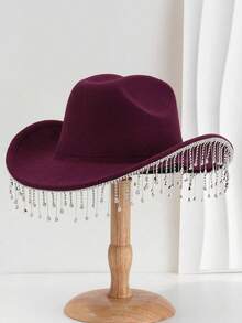 1 pezzo Cappello a cilindro unisex di colore unico con nappina in strass, adatto per eventi a tema occidentale, raduni, feste di fidanzamento, giochi di ruolo, cerimonie di laurea, feste in maschera, festival, matrimoni, compleanni, festival musicali, ecc. - Multicolore - Visualizzare 3