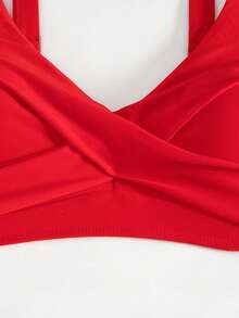 2pcs Women Sexy Criss-Cross V-Neck One Piece Swimsuit & High Waisted Solid Color Bikini Set