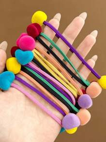 10pcs/Pack Colorful Pom Pom Heart Shaped Scrunchies, High Elasticity Flocked Candy Color Hair Accessories, Autumn/Winter Fluffy Hair Ties, Strong Durable For Daily Use