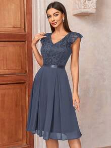 MIUSOL Floral Lace V-Neck Ruffle Trim Cap Sleeve Chiffon Pleated Hem Prom Party Swing Dress