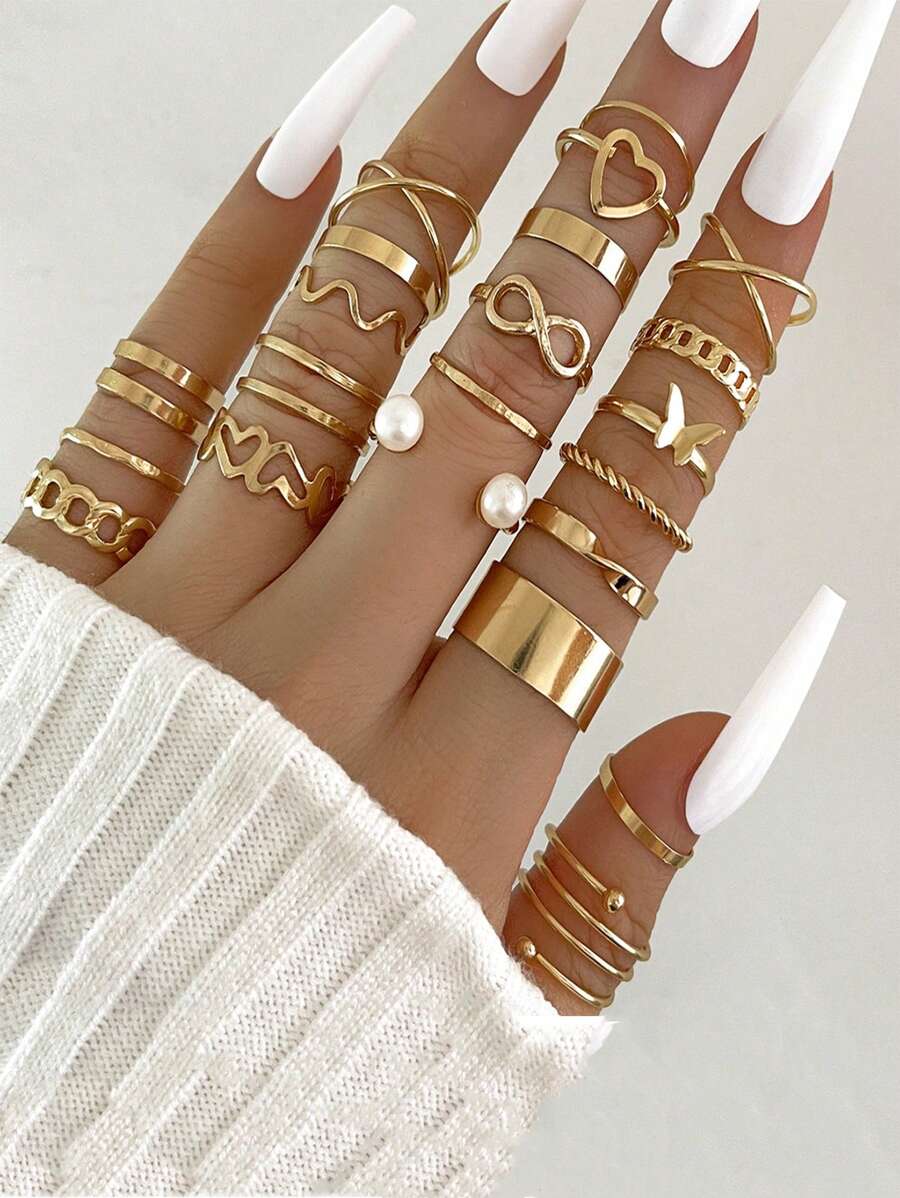 Set de 22 piezas de anillos ajustables para mujeres con diseños de mariposa, corazón y bandas múltiples