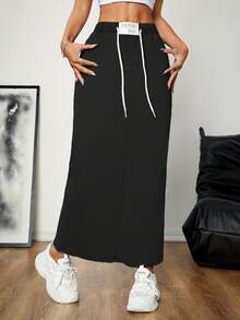 Women's Mid-Length Casual Skirt With Back Slit, Fashionable And Comfortable, Elastic Waist Long Skirt. - màu đen - Xem 4