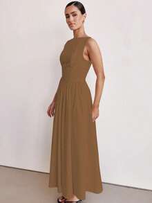 Women Sleeveless Round Neck High Waist Slim Backless Zipper A-Line Maxi Dress - 棕色 - 查看 4