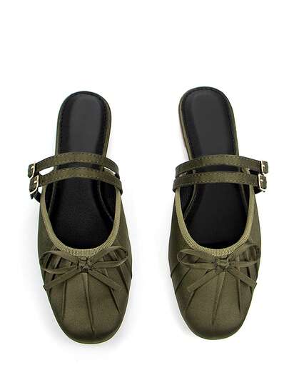 2025 Autumn Women's Elegant Chic Thin Strap Buckle Bow Decor Military Green Satin Comfortable Square Toe Slip-On Flat Mules