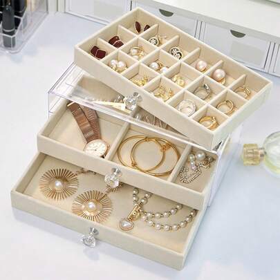 1 pieza Caja de almacenamiento de joyas multicapa en beige, de material de tela no tejida, con clasificación de compartimentos para protección contra el polvo y daños. Organizador espacioso con bandejas extraíbles y cajones seccionados con visibilidad clara para anillos, aretes, collares y pulseras. Diseño compacto y portátil, ideal para tocador, dormitorio, escritorio y uso doméstico. Regalo perfecto para fiestas, Navidad, Acción de Gracias, San Valentín, primavera, verano y organización de accesorios de armario.