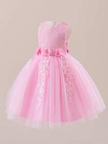 Girls' Solid Color Lace Special Performance Princess Dress Skirt, Suitable For Wedding, Host, Festival, Party, Piano Recital, Sleeveless Applique 3D Flower Tulle Dress, Party Birthday Knee-Length Dress For Little Girls - Pink - View 2