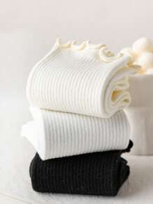 3 Pairs Black & White Lace Trim Mid-Calf Socks For Women, Comfortable Minimalist Versatile Daily Wear