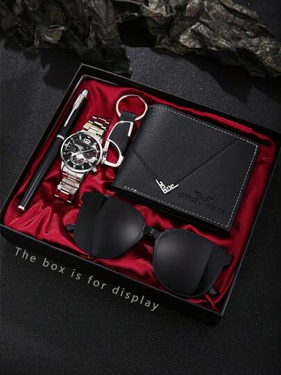 5 件商务时尚 PU 皮革钱包、钢笔、石英表、太阳镜、钥匙扣礼品套装，情人节、父亲节送给他的完美礼物