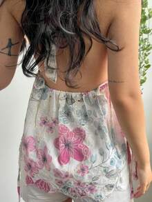 Women Y2k Lace Floral Halter Tank Tops Summer Deep V Neck Backless Ruffle Hem Camisole Y2K Peplum Top Going Out Vest Shirt Tops Streetwear Fairy Grunge Aesthetic Clothes 2000s - 紫色 - 查看 4