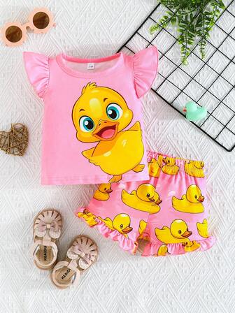 Dziewczynki letnie krótkie rękawy falbany mankiety koszulka z nadrukiem kaczki okrągły dekolt i spodenki zestaw