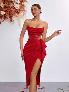 Elisanya Women Elegant Strapless Hollow-Out Ruffle Tie Front Slit Backless Ball Gown Dress, For Party/Banquet, For Cocktail - Watermelon Red - View 7