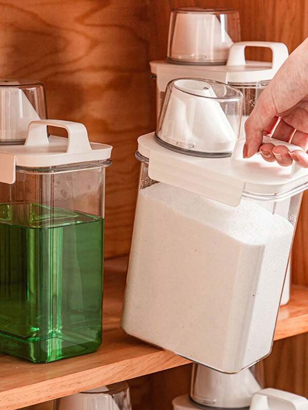 1 pieza Caja de almacenamiento de polvo de lavandería, frasco de almacenamiento con taza medidora graduada, caja de almacenamiento de gran capacidad, envase dispensador de detergente para ropa, almacenamiento de productos de limpieza, artículos para el hogar, apto para cuarto de lavado, baño, uso en inodoro, accesorios de baño.